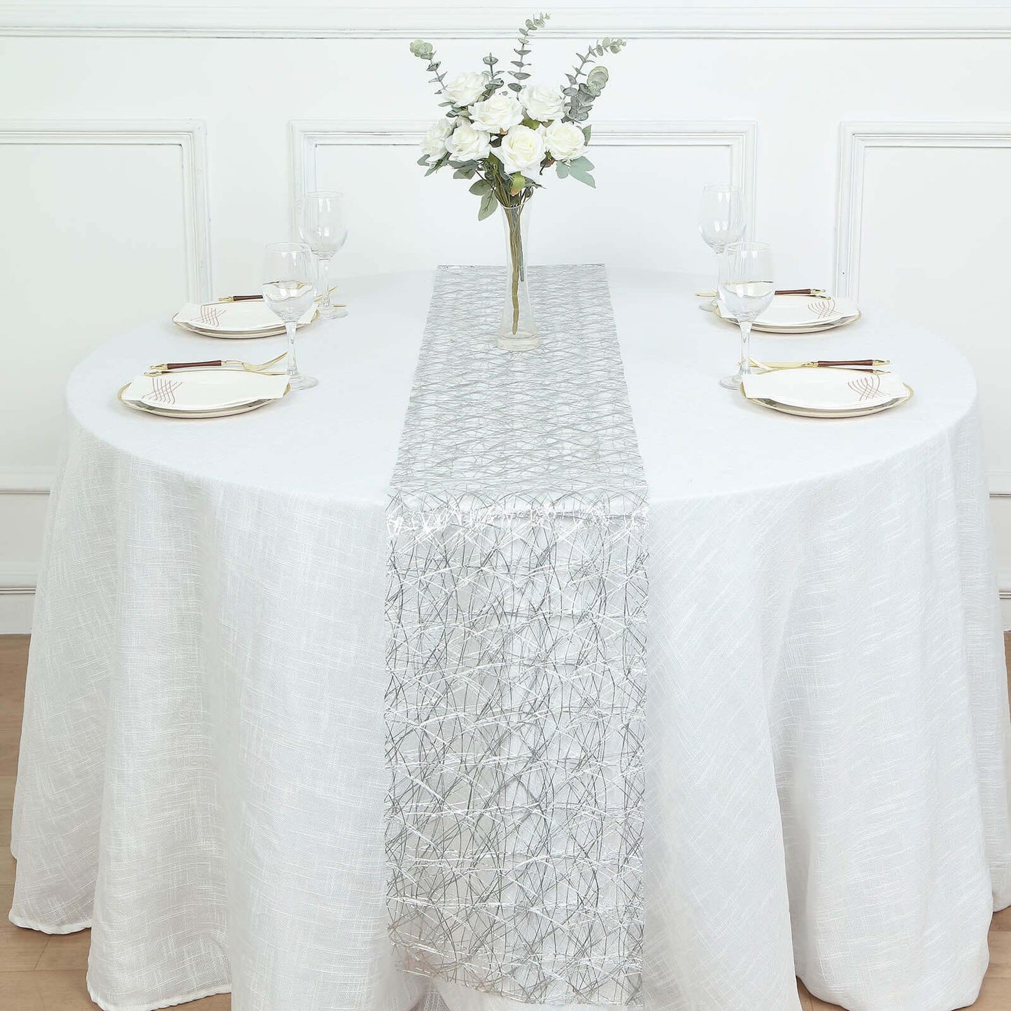 Polyester 12"x108" Table Runner Metallic Silver Disposable Non-Woven Fiber Roll - Stylish & Chic Table Decor