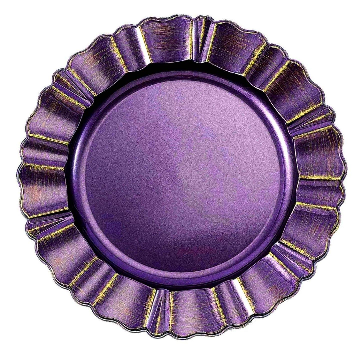 6-Pack Acrylic Plastic Round Charger Plates 13" in Purple with Gold Brushed Wavy Scalloped Rim, Decorative Dinner Party Charger Tableware