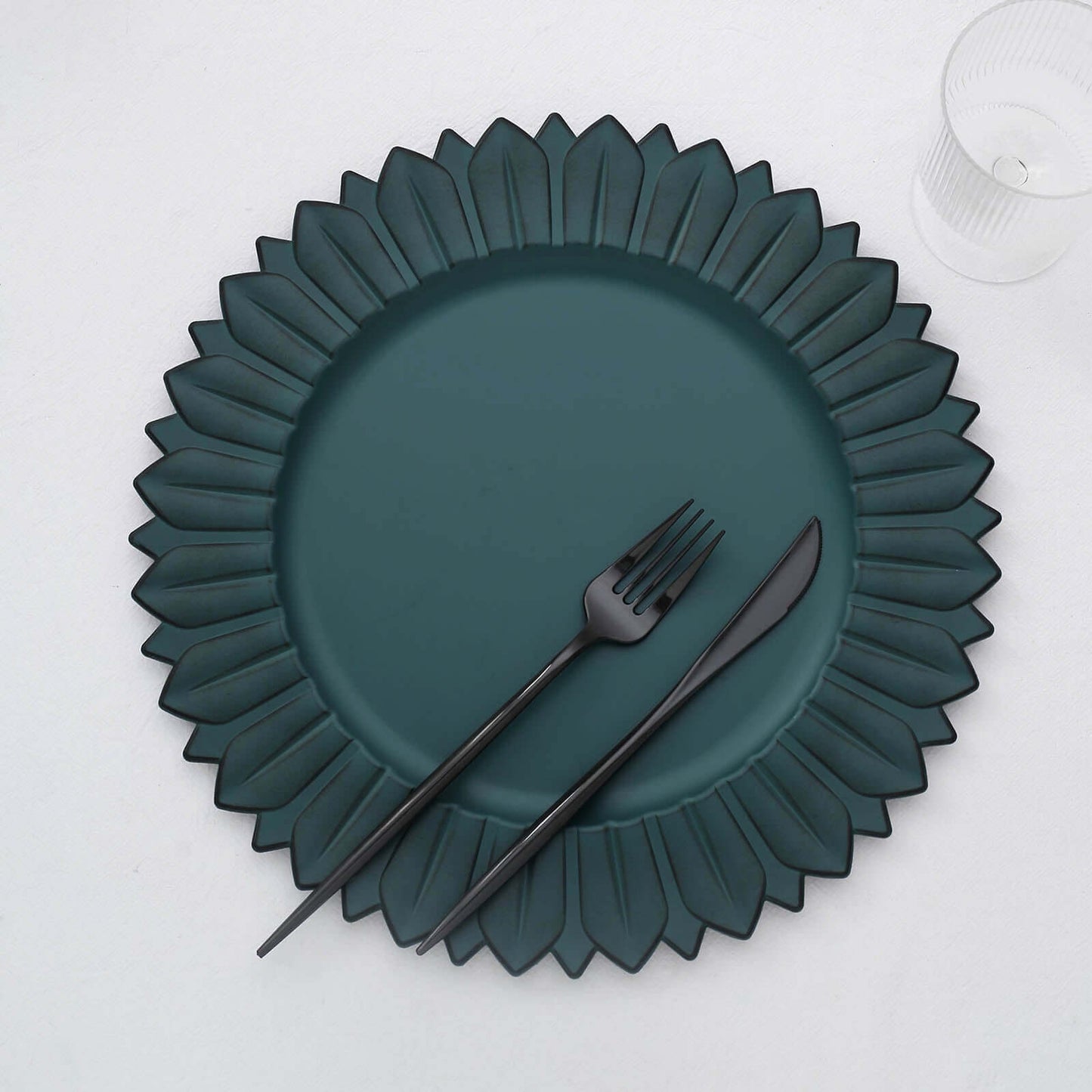 6-Pack Plastic Round Charger Plates 13" in Teal with Sunflower Rim, Matte Finish Disposable Dinner Charger Tableware
