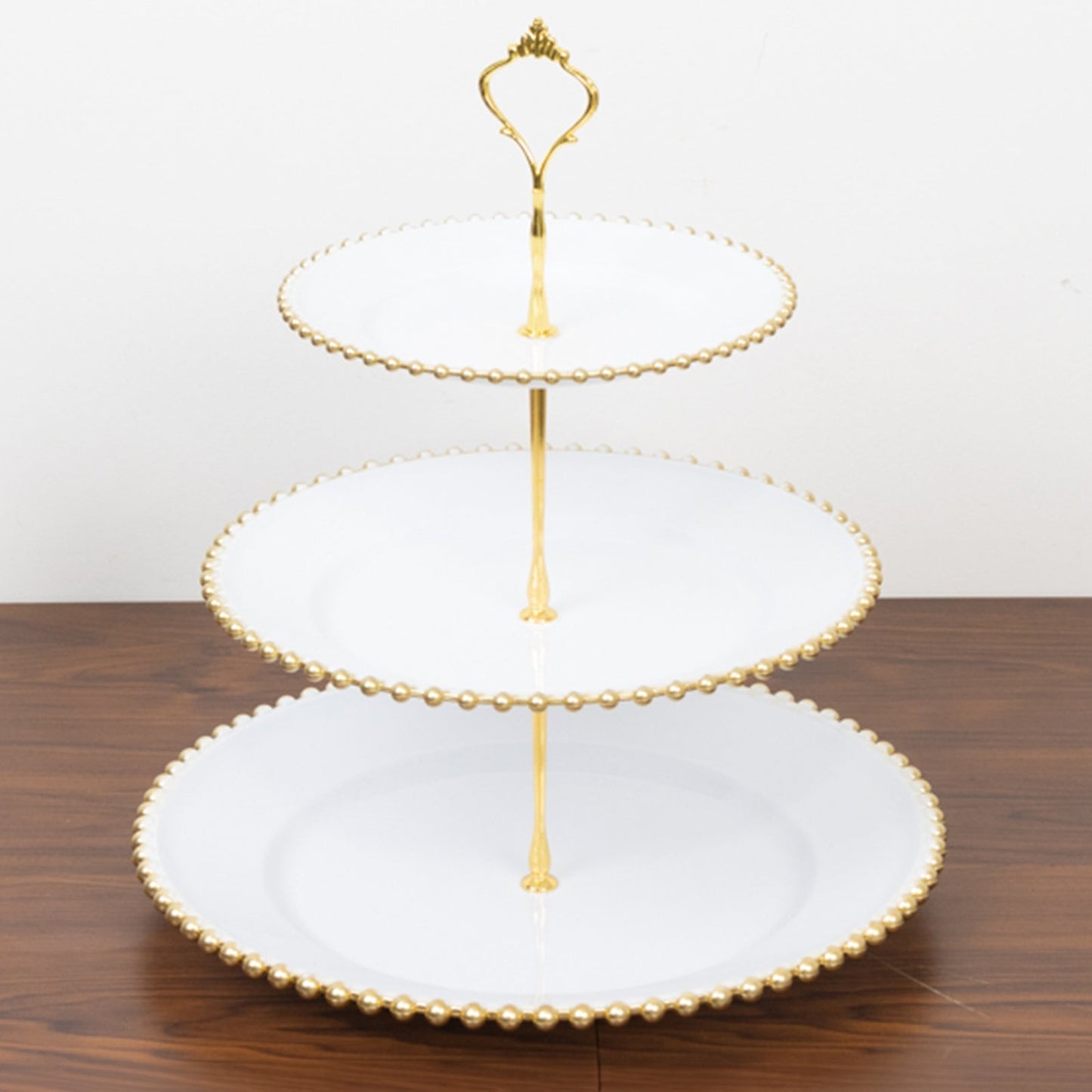 14" White 3-Tier Plastic Dessert Display Stand With Gold Beaded Rim, Round Cupcake Tower Tea Party Serving Platter With Top Handle