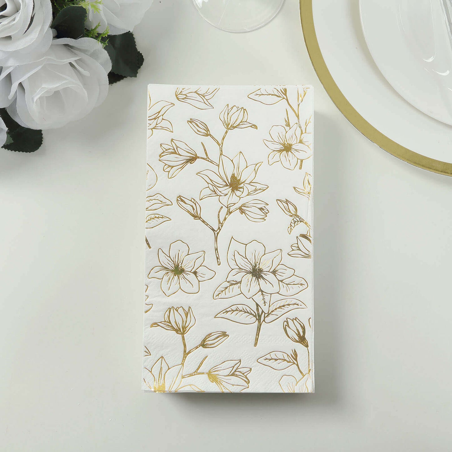 50-Pack Paper Dinner Napkins White with Gold Magnolia Flowers Print 2-Ply - Disposable Soft Napkins for Parties