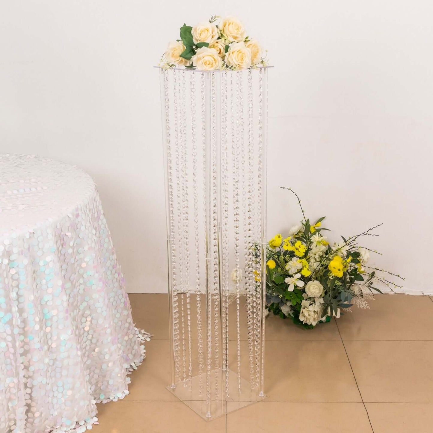Acrylic Flower Pedestal Vase Pillar Stand with Crystal Beads Clear - Durable Wedding Floor Centerpiece for Large Displays 48"