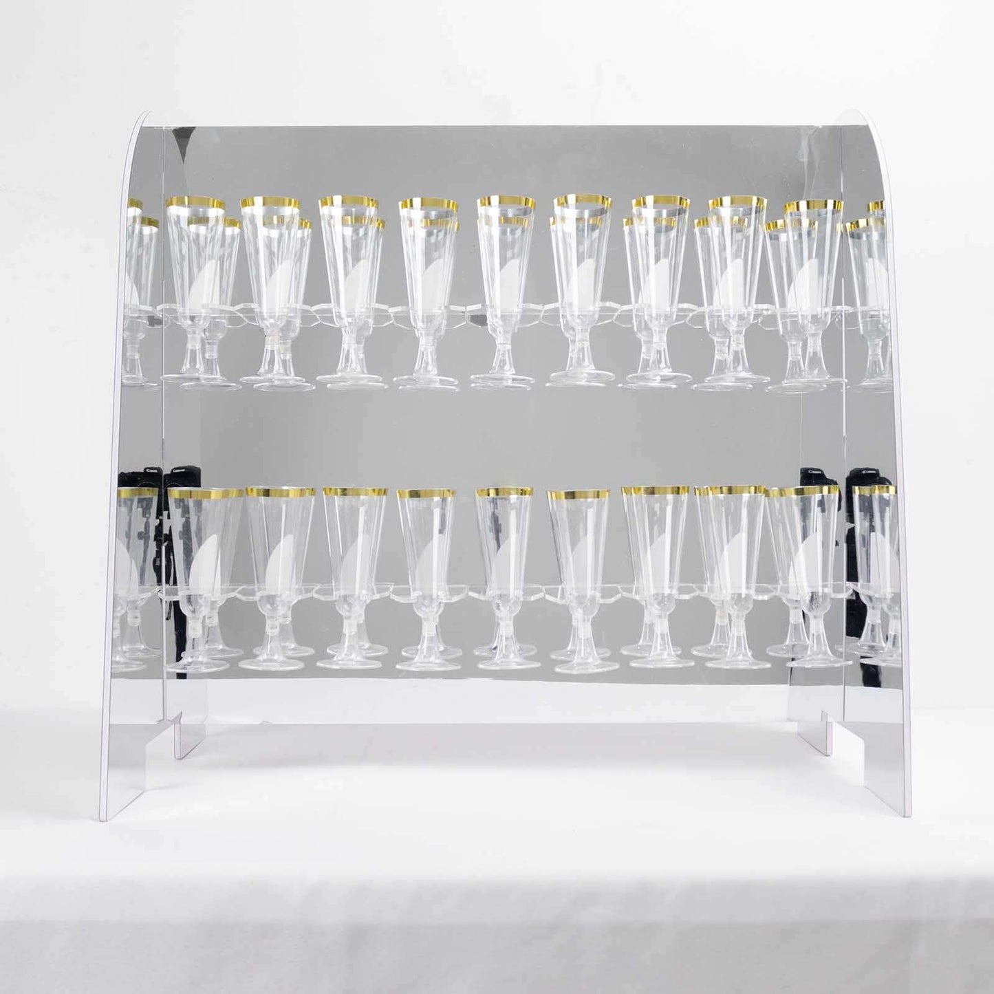 2-Tier Champagne Glass Holder Display Stand Table Top in Silver Mirror Finish - Modern Stemware Rack Cocktail Drink Holder with 18 Hooks for Events & DIY Bars 25"