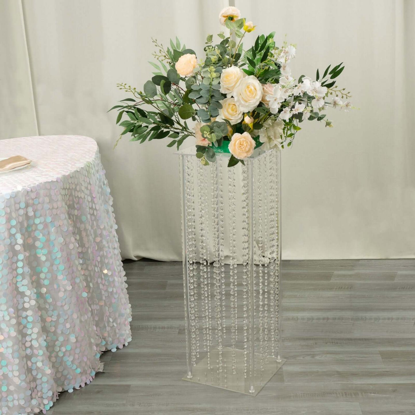 Acrylic Flower Pedestal Vase Pillar Stand with Crystal Beads Clear - Decorative Wedding Floor Centerpiece 32"