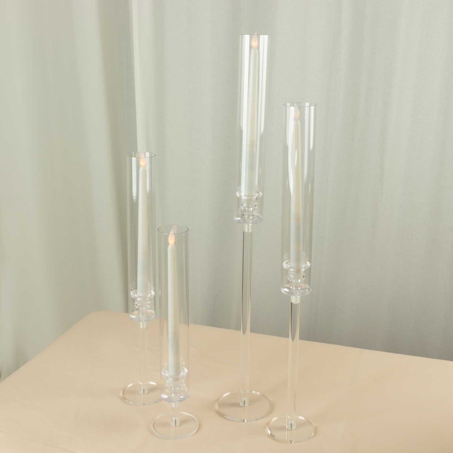 Set of 4 Acrylic Taper Candlestick Holders, Clear Tall Chimney Tube Candle Shades Hurricane Candle Stands 14", 18", 22", 26"