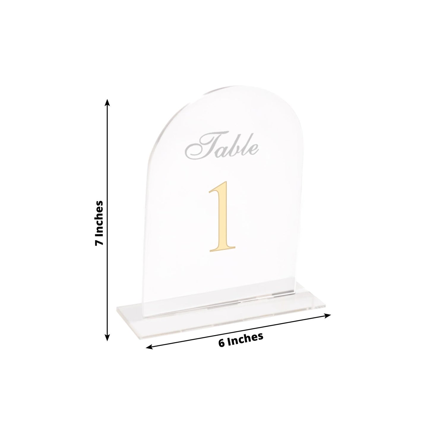 Clear Arch Acrylic Table Numbers (1-10) - 6"x7" Wedding Reception Signs with Gold Print & Stands
