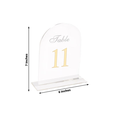 Clear Arch Acrylic Table Numbers (11-20) - 6"x7" Wedding Reception Signs with Gold Print & Stands