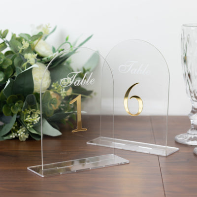 Clear Arch Acrylic Table Numbers (1-10) - 6’’x7’’ Wedding Reception Signs with Gold Print & Stands - Decorations
