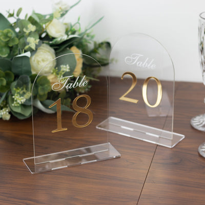 Clear Arch Acrylic Table Numbers (11-20) - 6’’x7’’ Wedding Reception Signs with Gold Print & Stands - Decorations