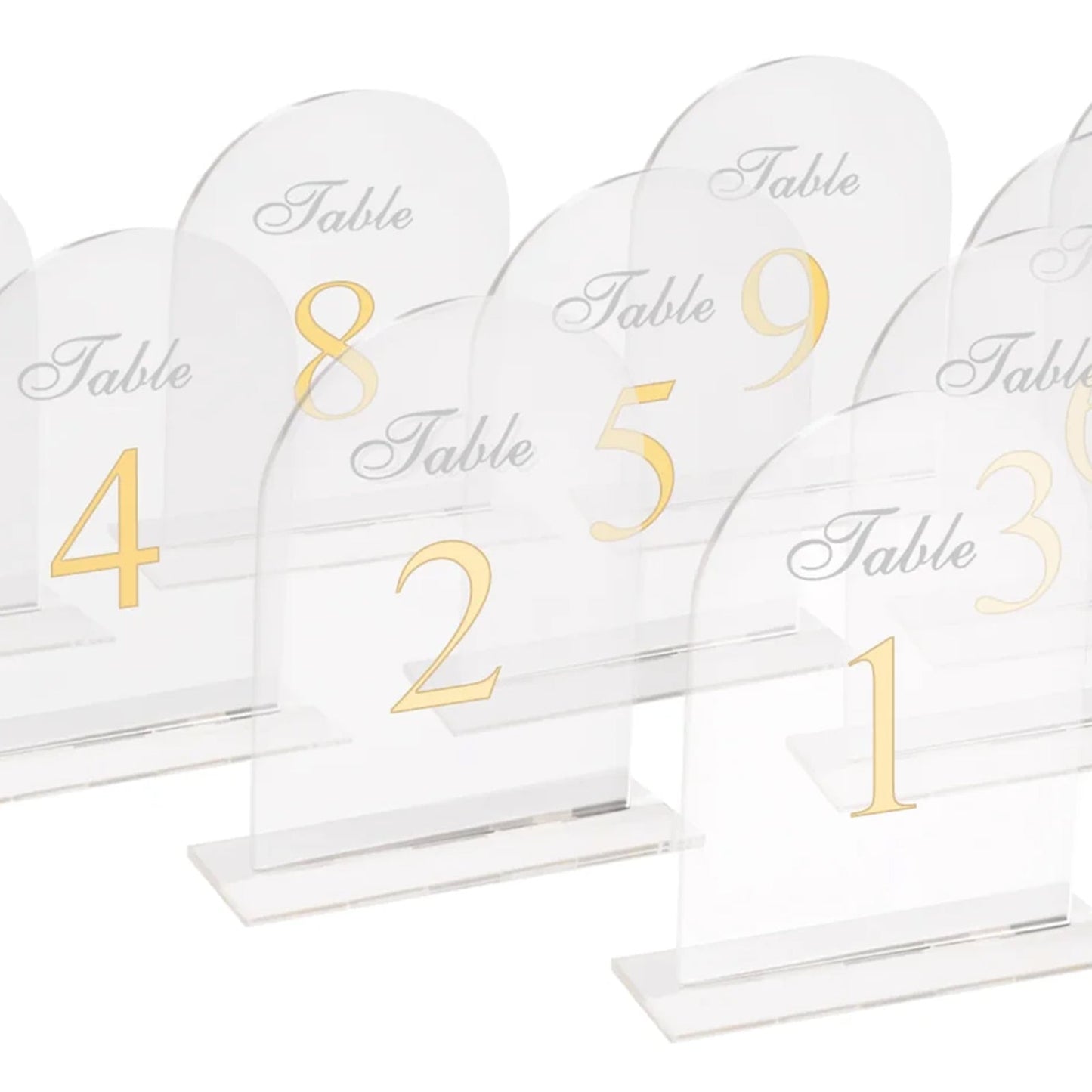 Clear Arch Acrylic Table Numbers (1-10) - 6"x7" Wedding Reception Signs with Gold Print & Stands