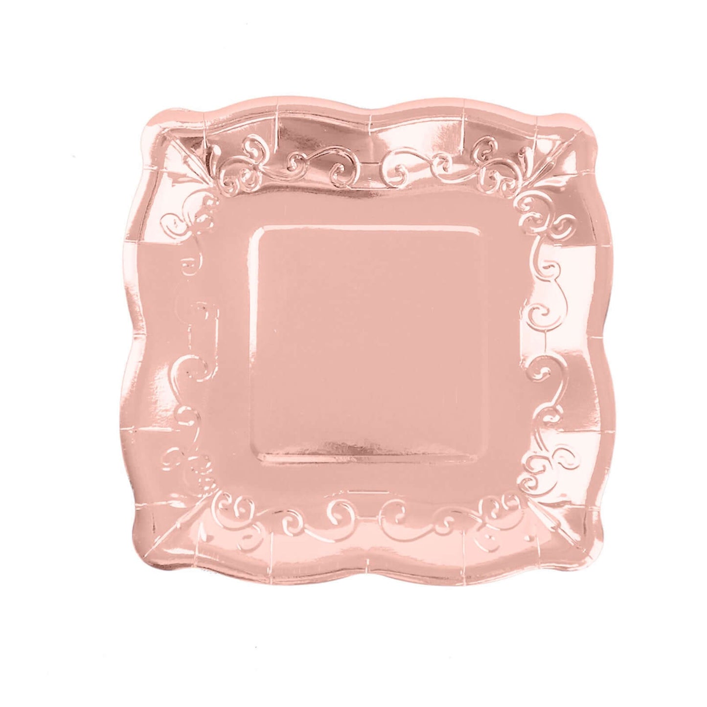 25-Pack Paper 7" Square Dessert Plates in Rose Gold with Vintage Pottery Embossed Design - Shiny Metallic Disposable Appetizer Plates