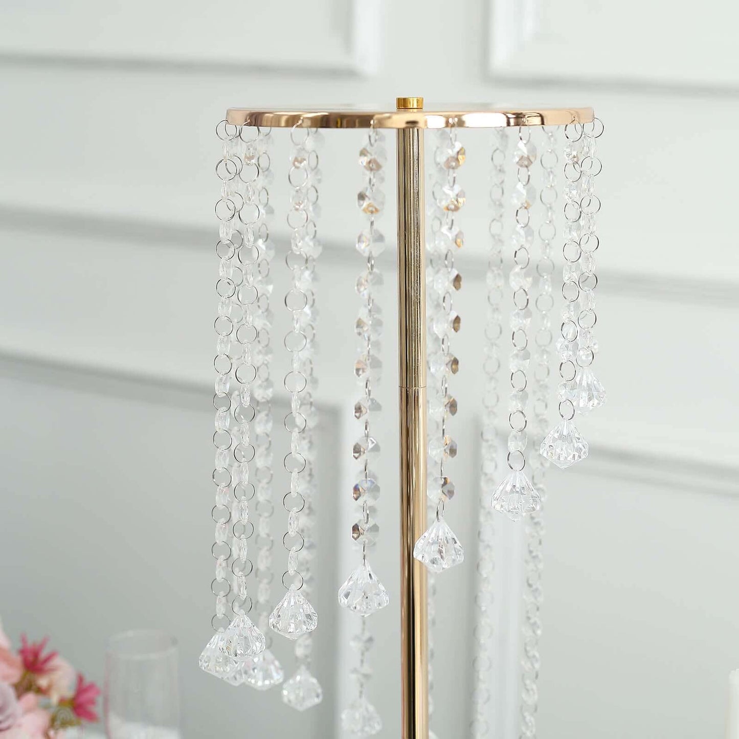2-Pack Metal Flower Stand Gold with Spiral Hanging Beads - Crystal Pedestal Table Wedding Centerpiece 24"