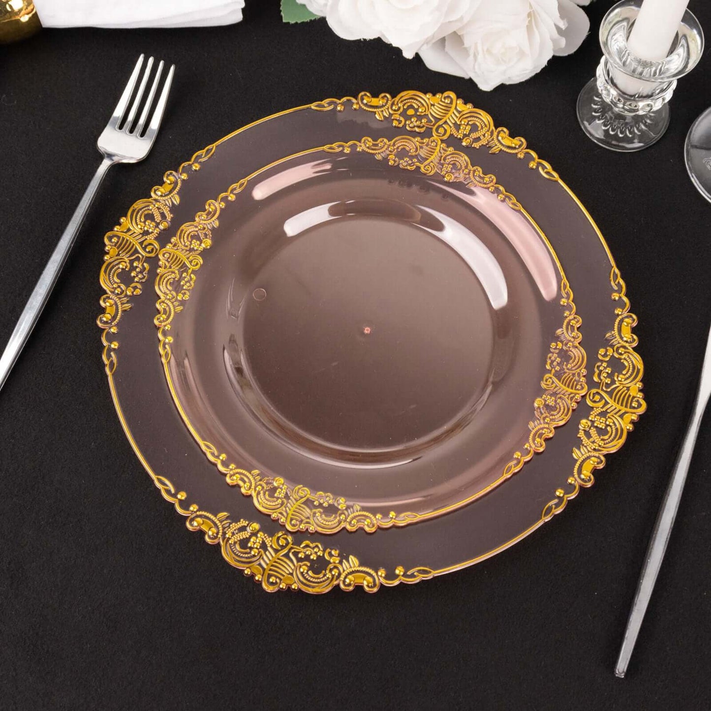 10-Pack Plastic 8" Round Dessert Plates in Transparent Blush with Gold Leaf Embossed Rim - Disposable Vintage Baroque Style Salad Plates
