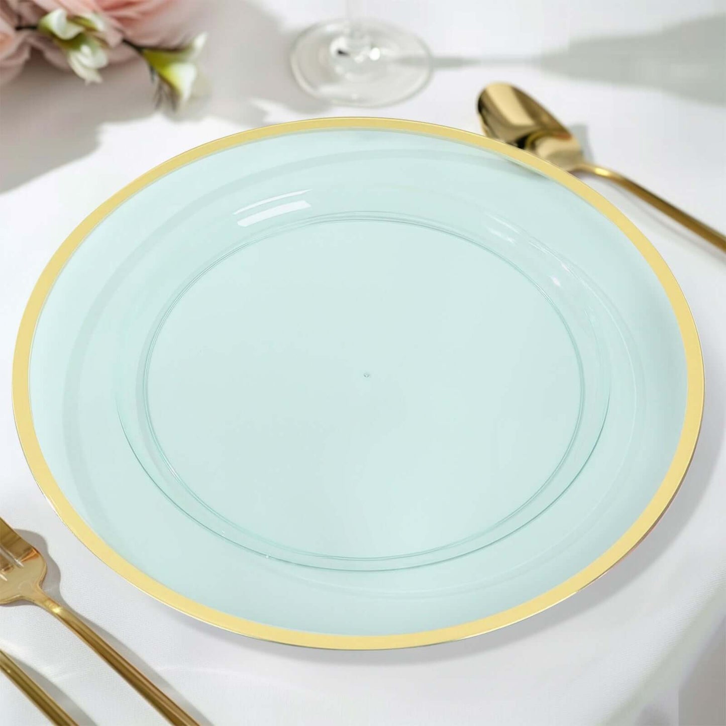 10-Pack Economy Plastic Round Charger Plates 12" in Transparent Blue with Wide Gold Rim, Decorative Dinner Party Serving Plates