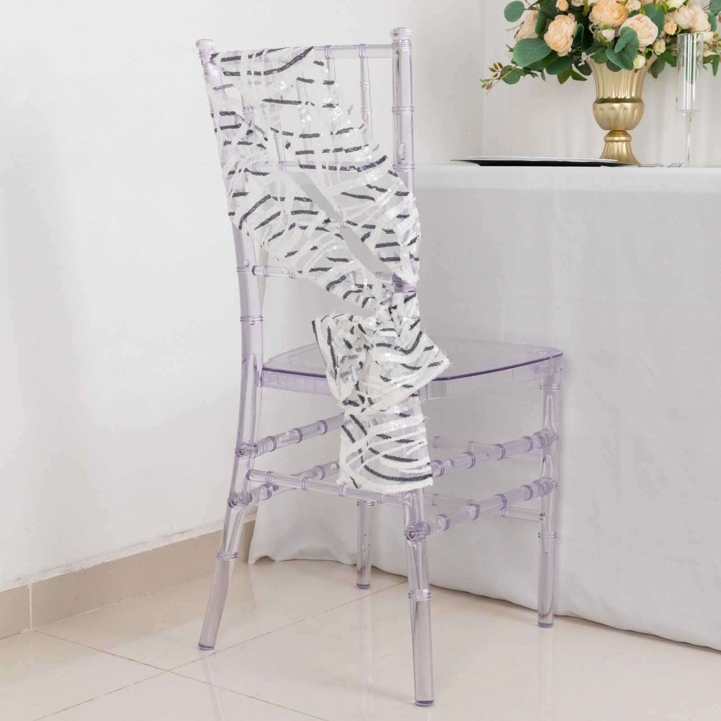 5 Pack Chair Sashes with Wave Embroidered Sequins White/Black 6"x88" - Stylish Glittering Decor for Weddings