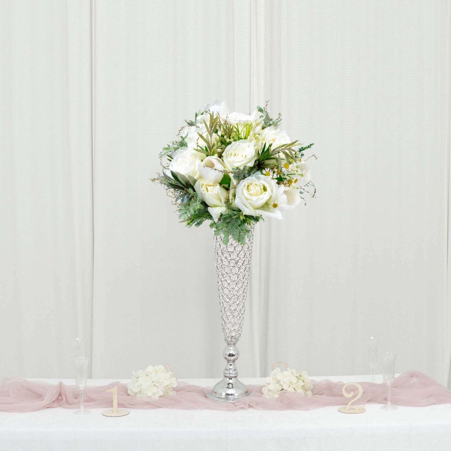 2-Pack Crystal Beaded Trumpet Vase Set Silver - Table Centerpiece for Weddings and Events 32"