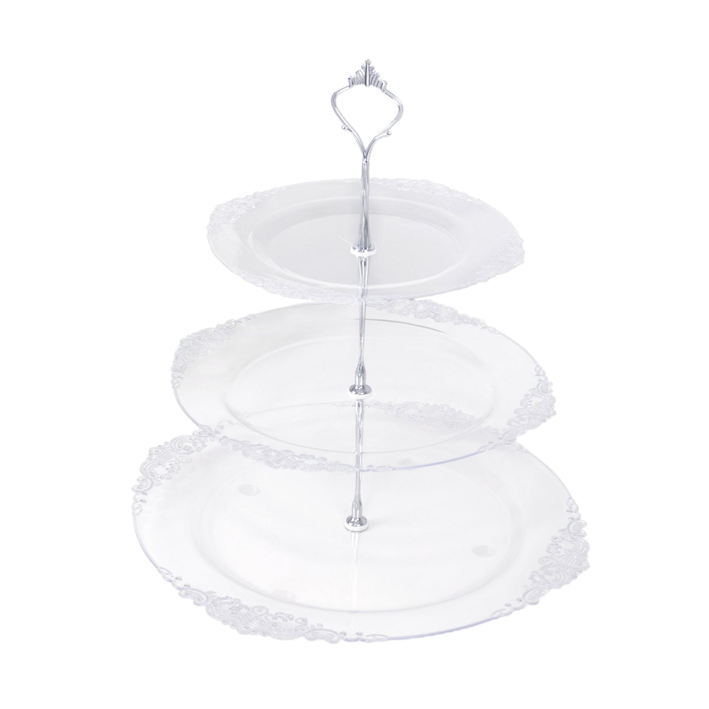 3-Tier Clear Plastic Cupcake Tower Stand with Silver Embossed Baroque Rim, 13" Round Cake Dessert Holder Display Stand Tiered Serving Tray with Top Handle