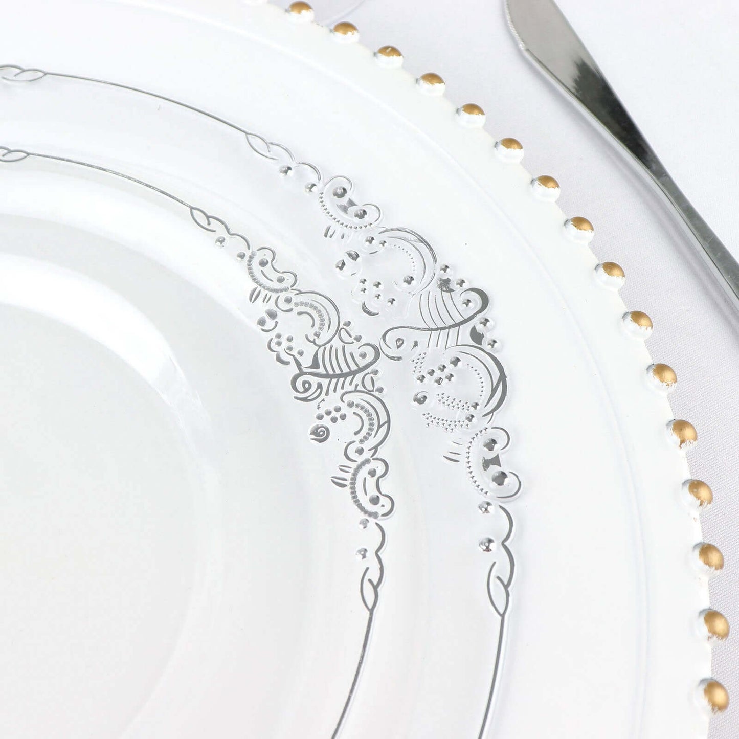 10-Pack Plastic 10" Round Dinner Plates in Clear with Silver Leaf Embossed Rim - Disposable Vintage Baroque Style Plates