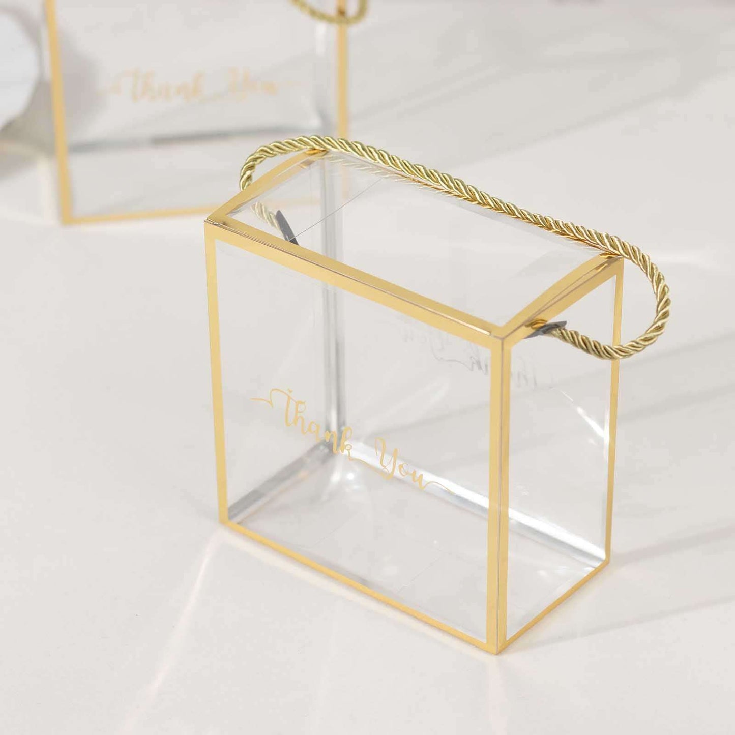 25 Pack Gold Trimmed Clear PVC Gift Boxes with Rope Handles and Thank You Print, Transparent Portable Candy Favor Boxes - 5.5"x5.5"