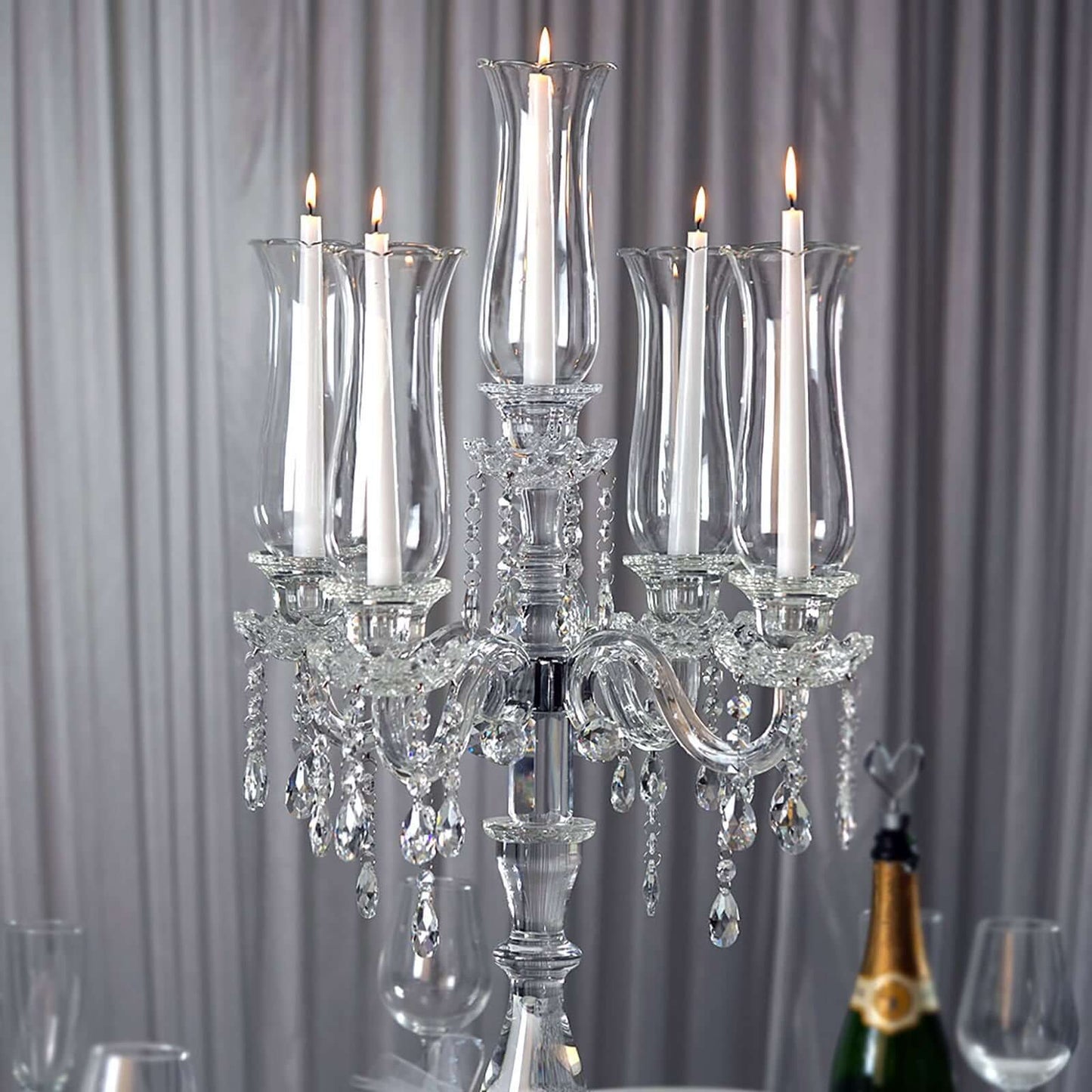 5 Arm Crystal Glass Taper Candle Holder Candelabra, Stylish Table Centerpiece With Chandelier Chains 32"