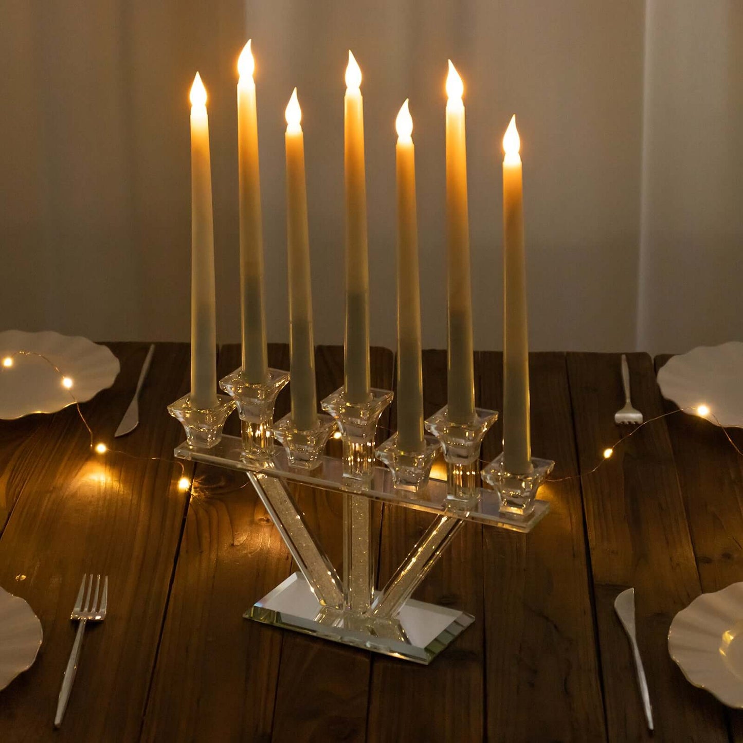 Crystal Glass Candelabra, 7-Branch Taper Candle Stick Holder Stand Table Centerpiece With Crystal Filler and Mirror Base 12"