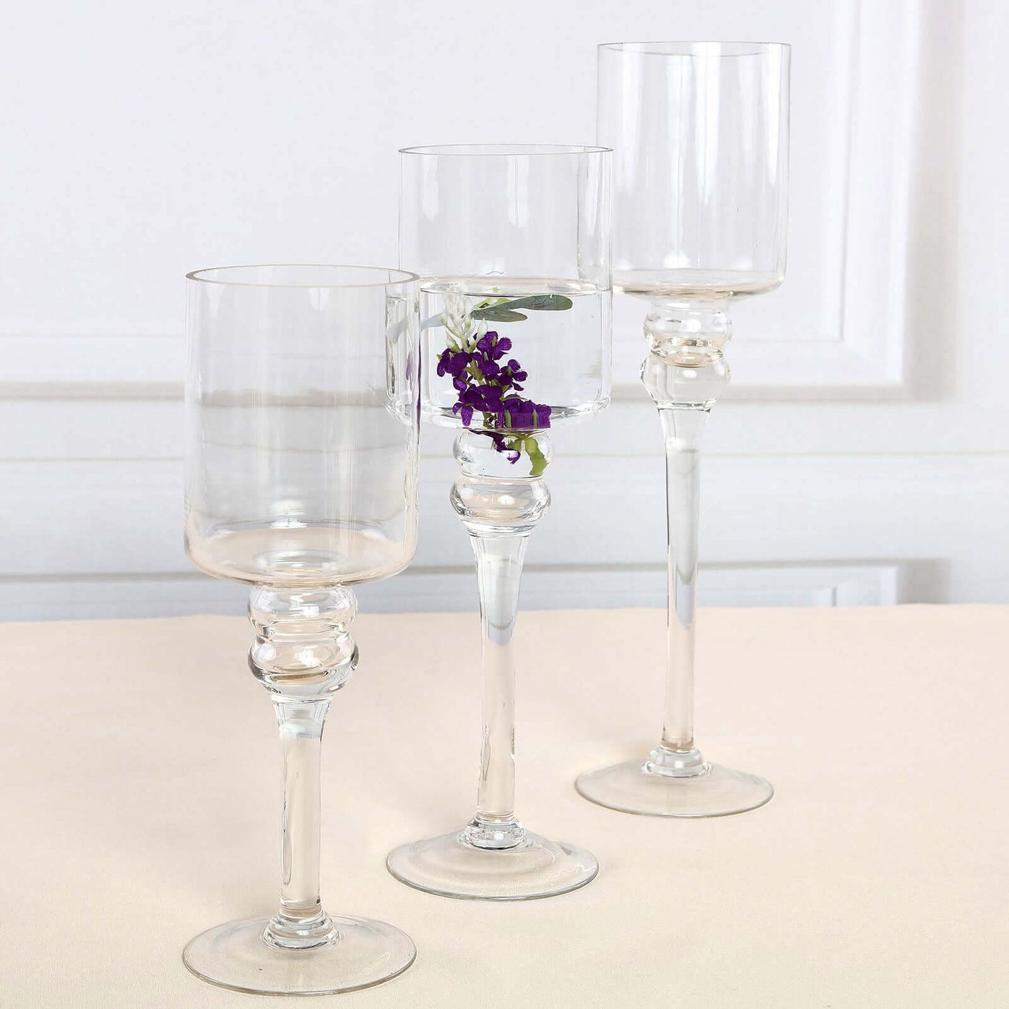 Set of 3 Glass Cylinder Vases Long Stem Clear - Decorative Candle Holder Floral Centerpieces 12", 14", 16"