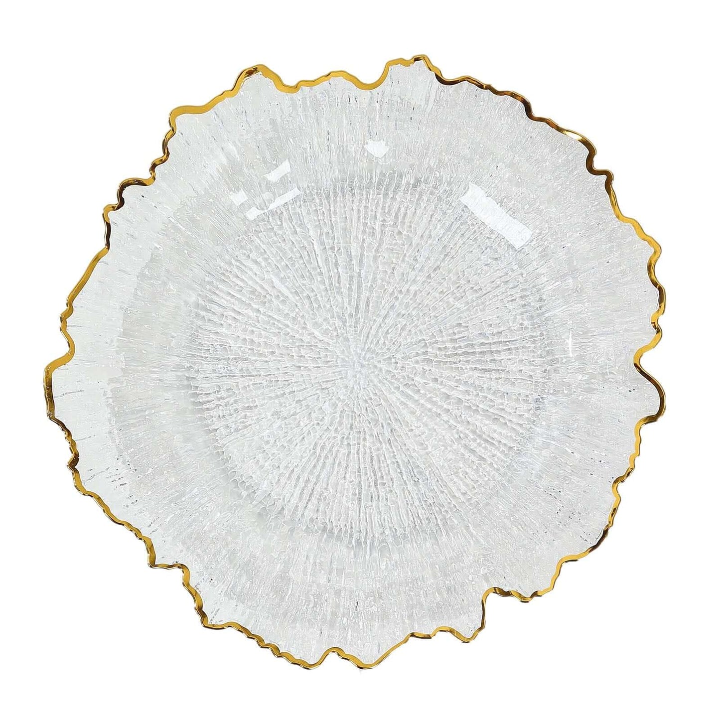 6-Pack Plastic Round Charger Plates 13" in Clear Reef Design with Gold Rim, Decorative Dinner Party Serving Plates