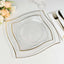 10-Pack Plastic 10" Square Dinner Plates in Clear with Gold Wavy Rim Modern - Disposable Party Plates