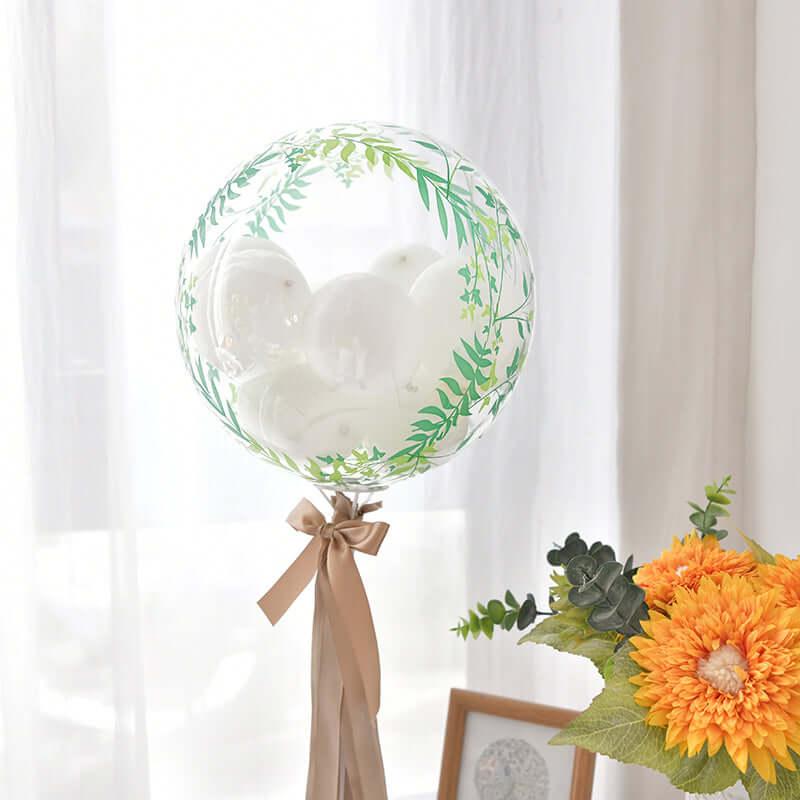 2 Pack 20" Clear Green Leaf Print Bobo Bubble Balloons, Transparent PVC Balloons