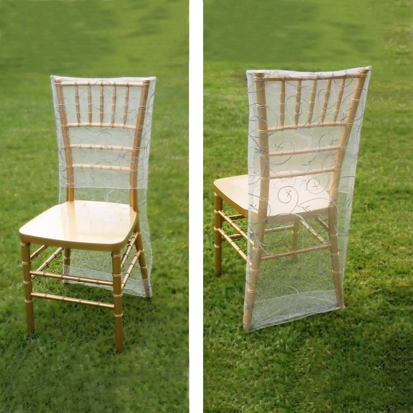 Organza Chair Slipcover with Satin Embroidery for Chiavari Chairs Silver - Chair Back Cover