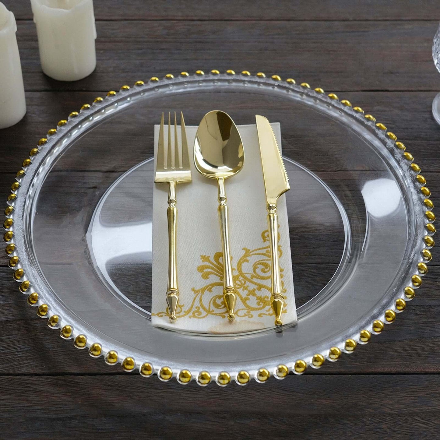 8-Pack Glass Round Charger Plates 12" Clear with Gold Beaded Rim, Event Tabletop Decorative Dinner Charger Tableware