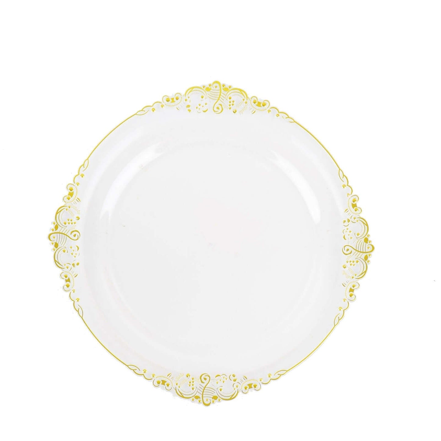 10-Pack Plastic 10" Round Dinner Plates in Clear with Gold Leaf Embossed Rim - Disposable Vintage Baroque Style Plates
