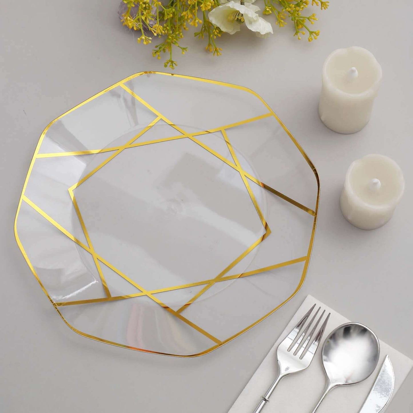10-Pack Plastic 10" Octagon Dinner Plates in Clear - Modern Disposable Party Plates with Gold Geometric Design for Special Occasions & Celebrations
