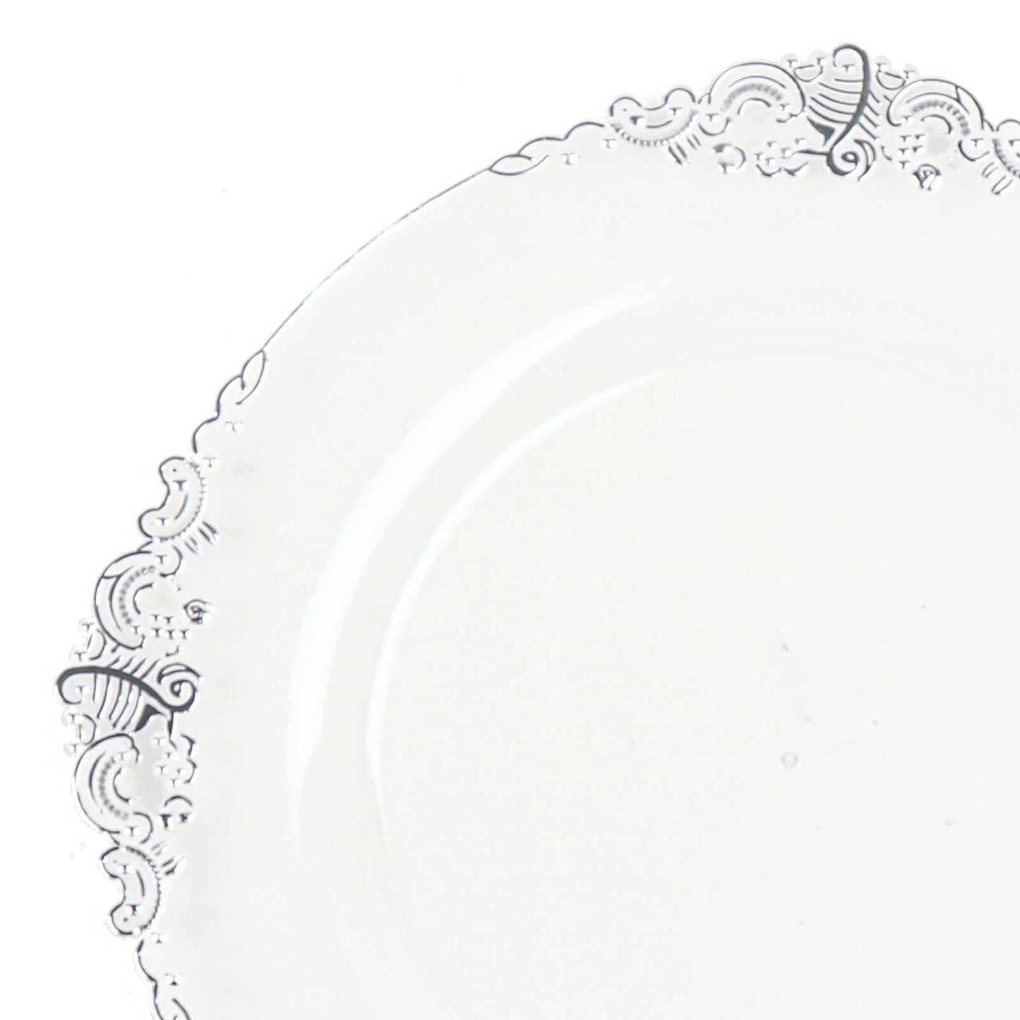 10-Pack Plastic 8" Round Dessert Plates in Clear with Silver Leaf Embossed Rim - Disposable Vintage Baroque Style Salad Plates