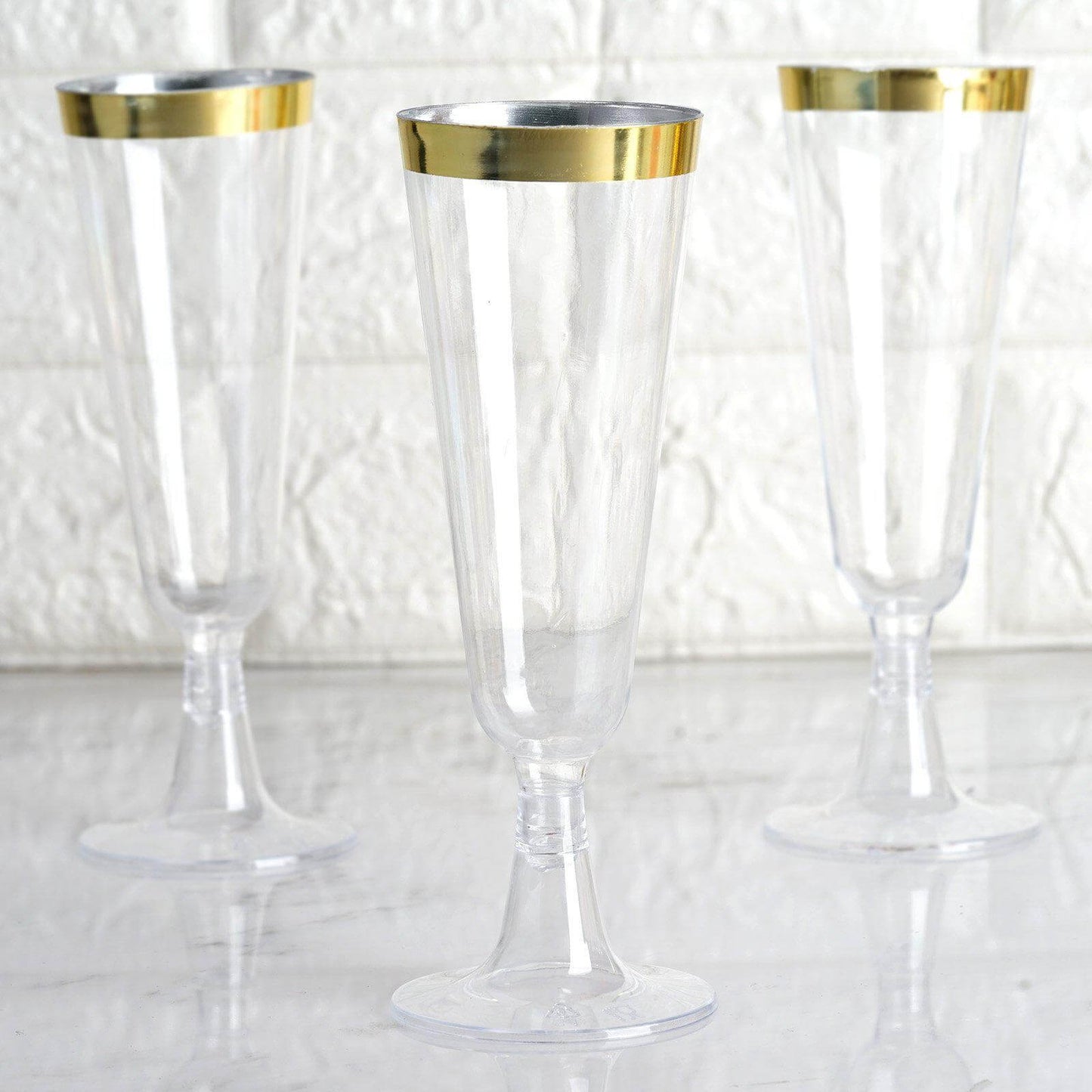 12-Pack Plastic Champagne Flutes Clear with Gold Rim - Stylish Disposable Cocktail Glasses for Parties 5oz 6"