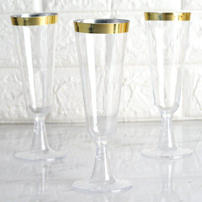12-Pack Plastic Champagne Flutes Clear with Gold Rim - Stylish Disposable Cocktail Glasses for Parties 5oz 6"