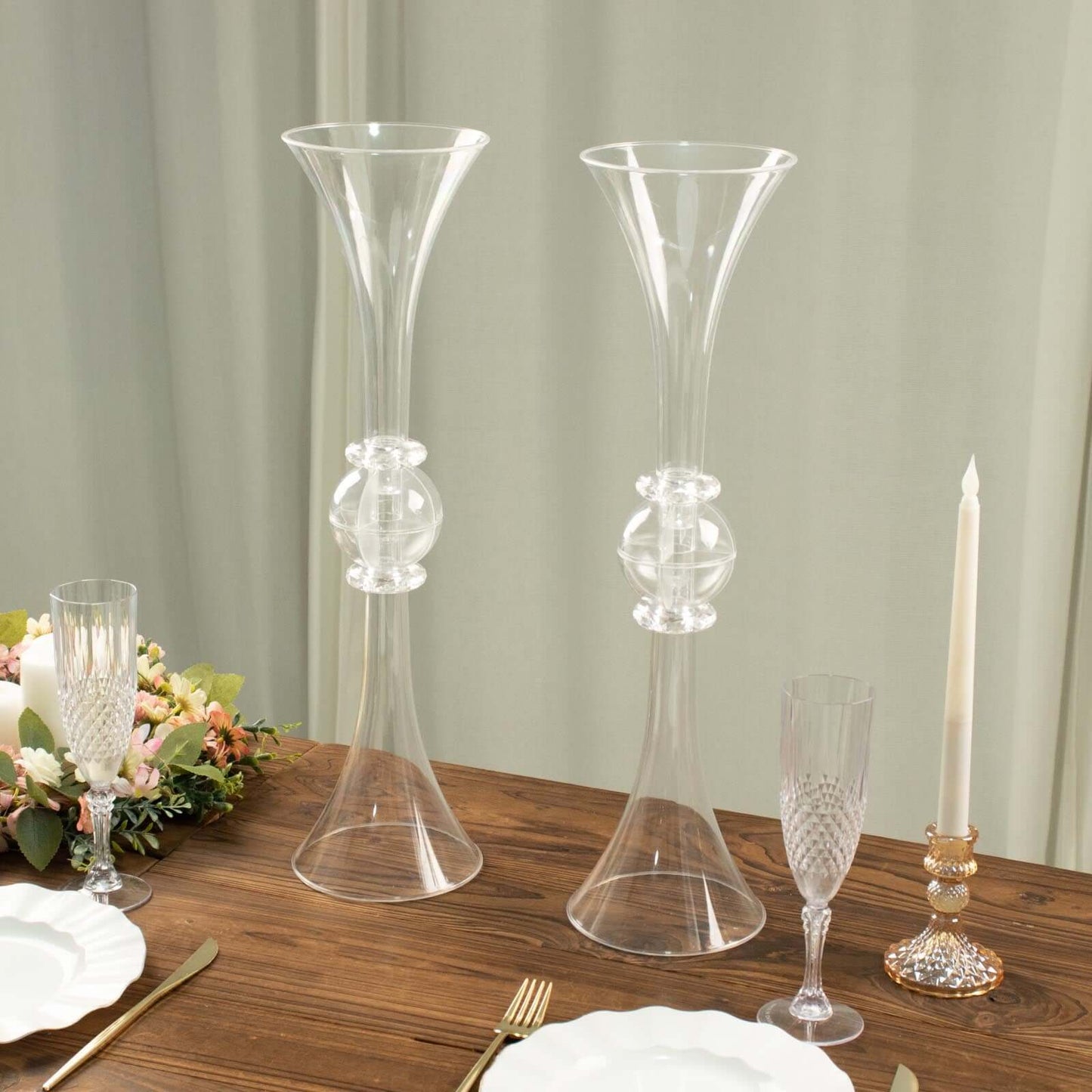 2-Pack Flower Vases Trumpet Design with Crystal Embellishments Clear - Reversible Plastic Table Centerpieces 21"