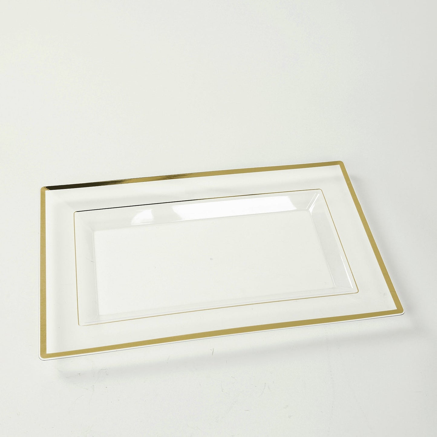 10-Pack Plastic 13"x8" Rectangle Serving Trays Clear with Gold Rim - Durable Reusable Sleek Design for Upscale Events & Parties