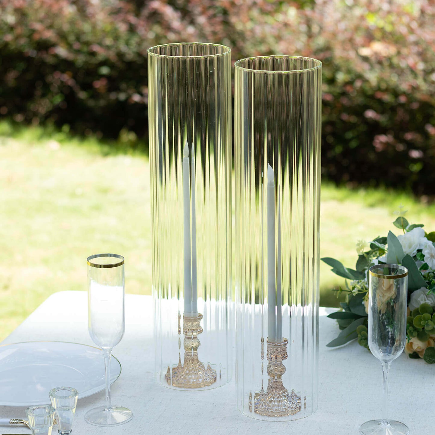 2-Pack Clear Ribbed Glass Hurricane Shades Open End Design - Stylish Candelabra Pillar Candle Holder Table Centerpiece 20"