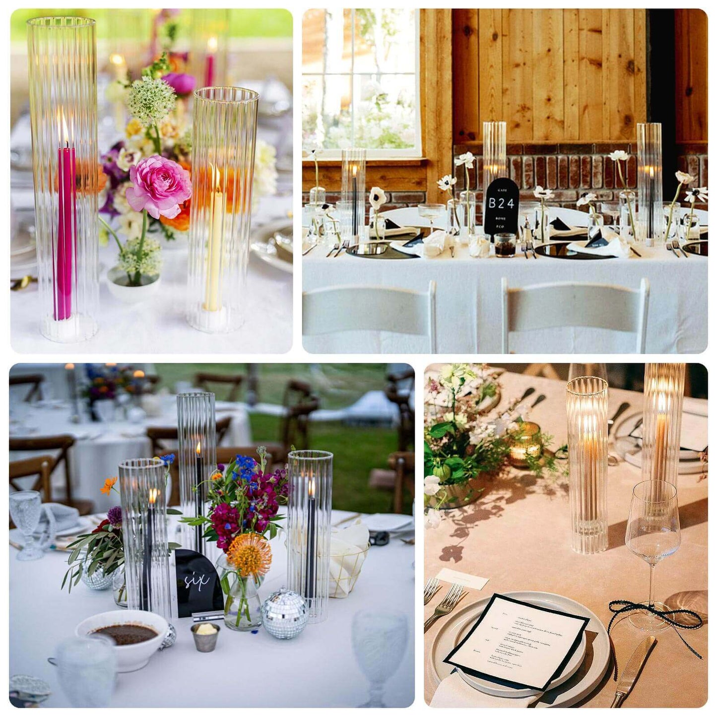 2-Pack Clear Ribbed Glass Hurricane Shades Open End Design - Stylish Candelabra Pillar Candle Holder Table Centerpiece 20"