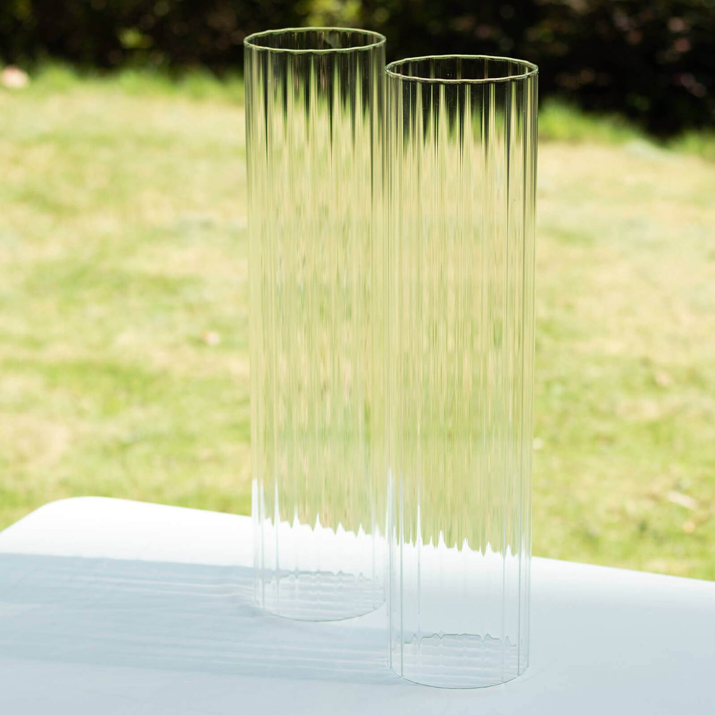 2-Pack Clear Ribbed Glass Hurricane Shades Open End Design - Stylish Candelabra Pillar Candle Holder Table Centerpiece 20"
