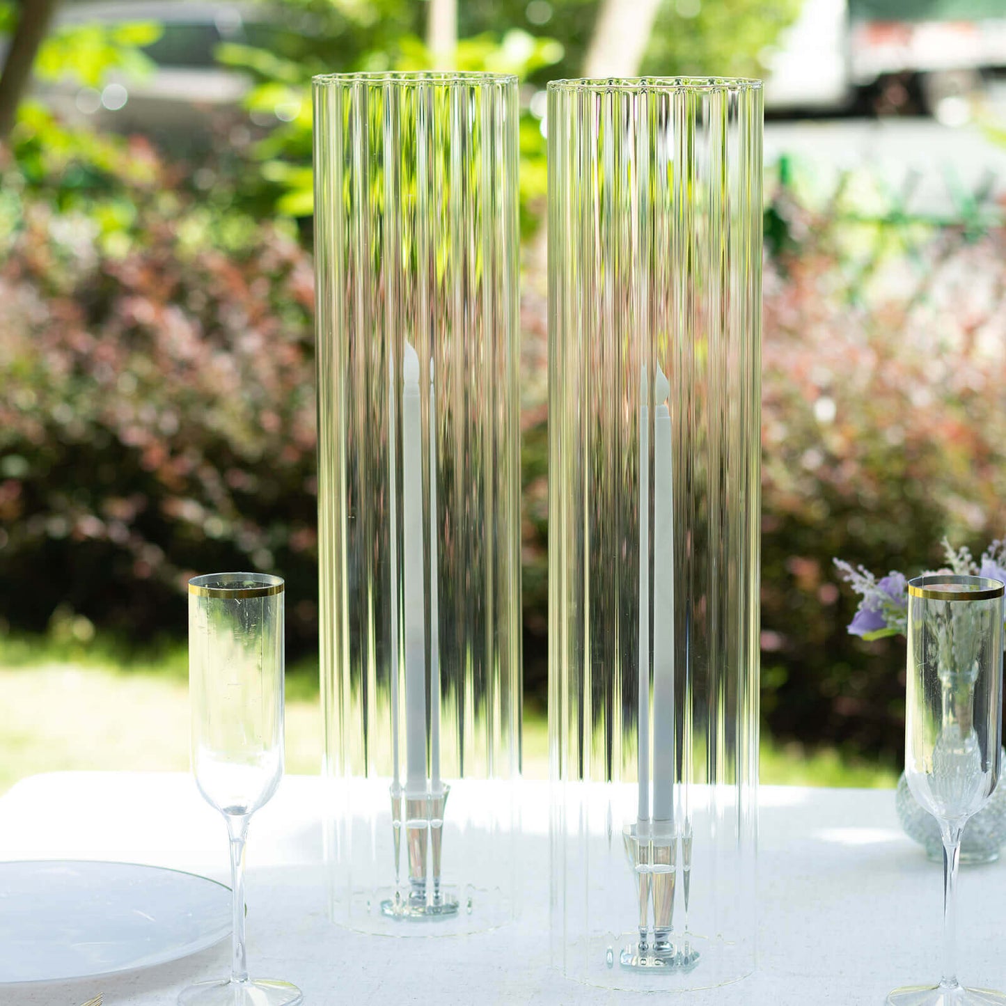 2-Pack Clear Ribbed Glass Hurricane Shades Open End Design - Stylish Candelabra Pillar Candle Holder Table Centerpiece 20"