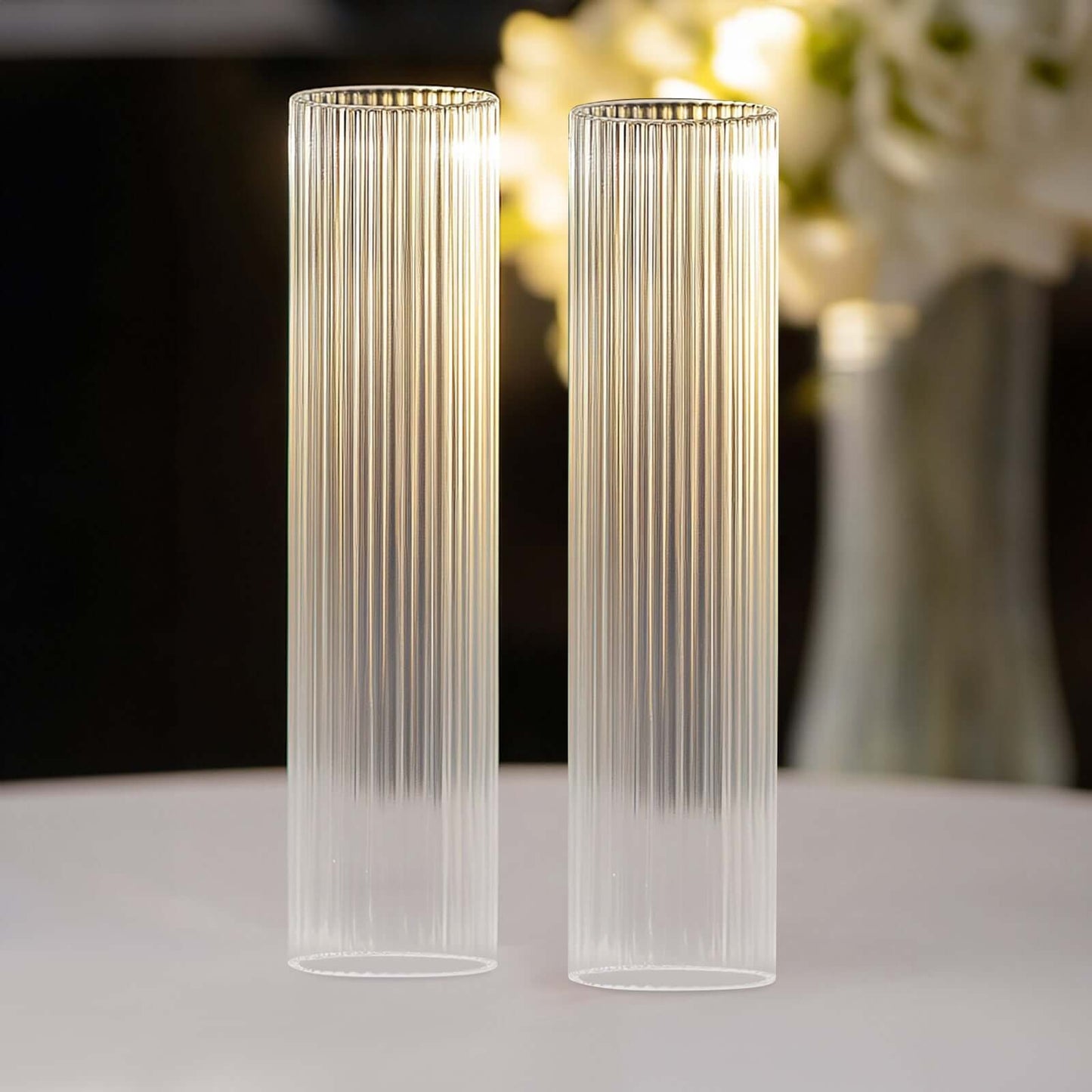 2-Pack Clear Ribbed Glass Hurricane Shades Open End Design - Stylish Candelabra Pillar Candle Holder Table Centerpiece 20"