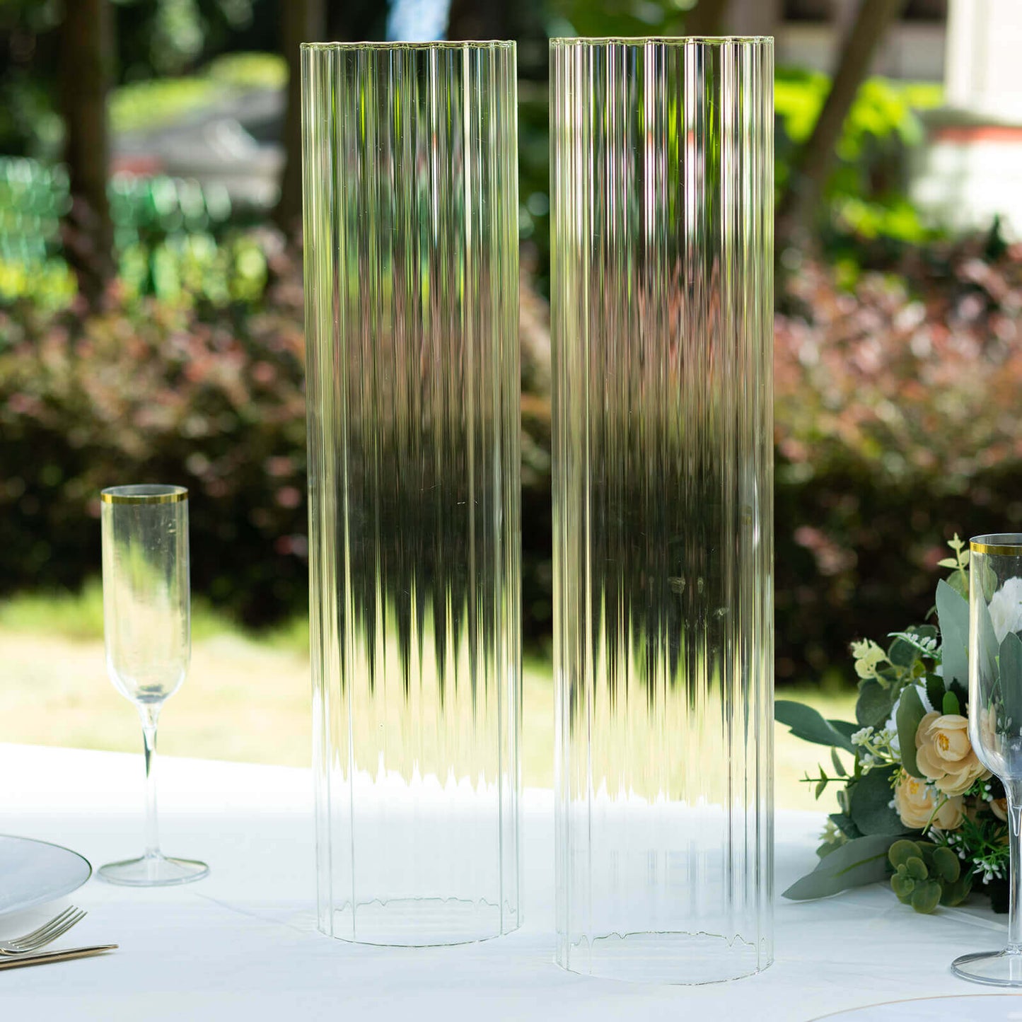 2-Pack Clear Ribbed Glass Hurricane Shades Open End Design - Stylish Candelabra Pillar Candle Holder Table Centerpiece 20"