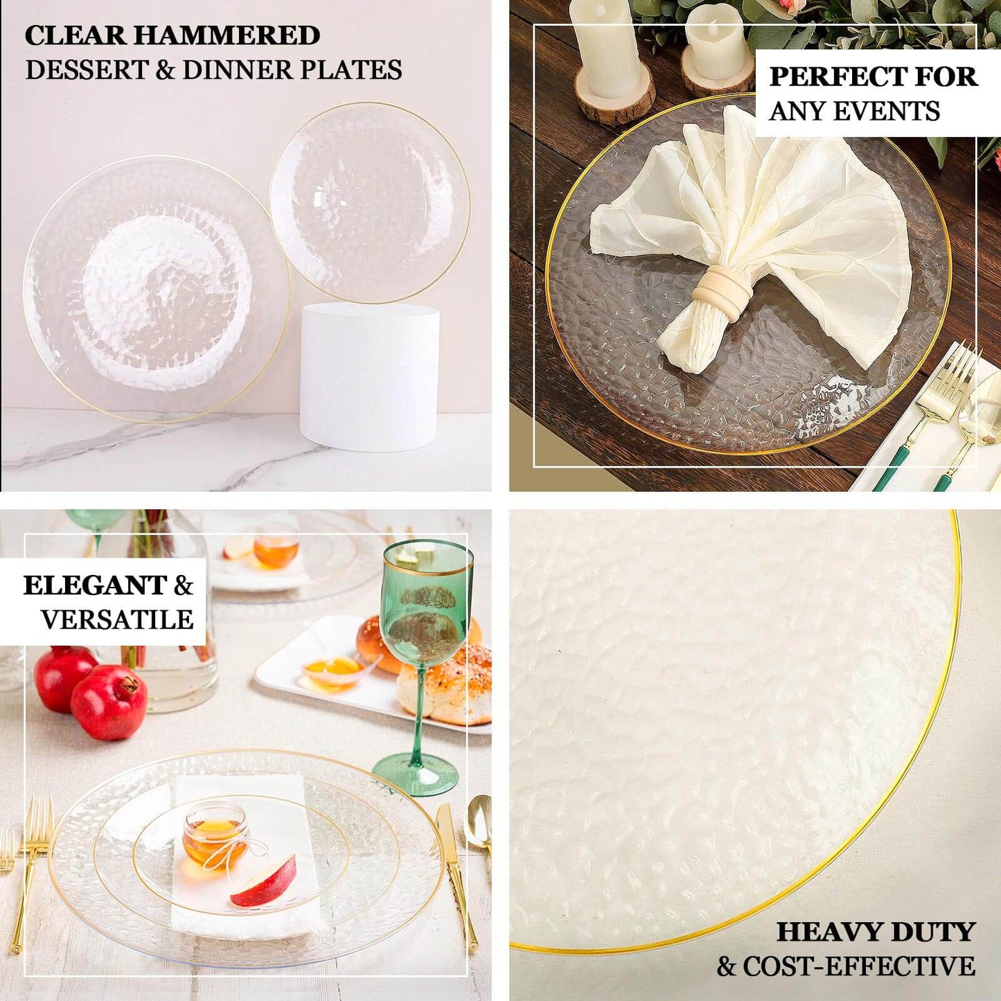 10-Pack Plastic 9" Round Dinner Plates in Transparent Blush Hammered Design with Gold Rim - Modern Disposable Party Plates