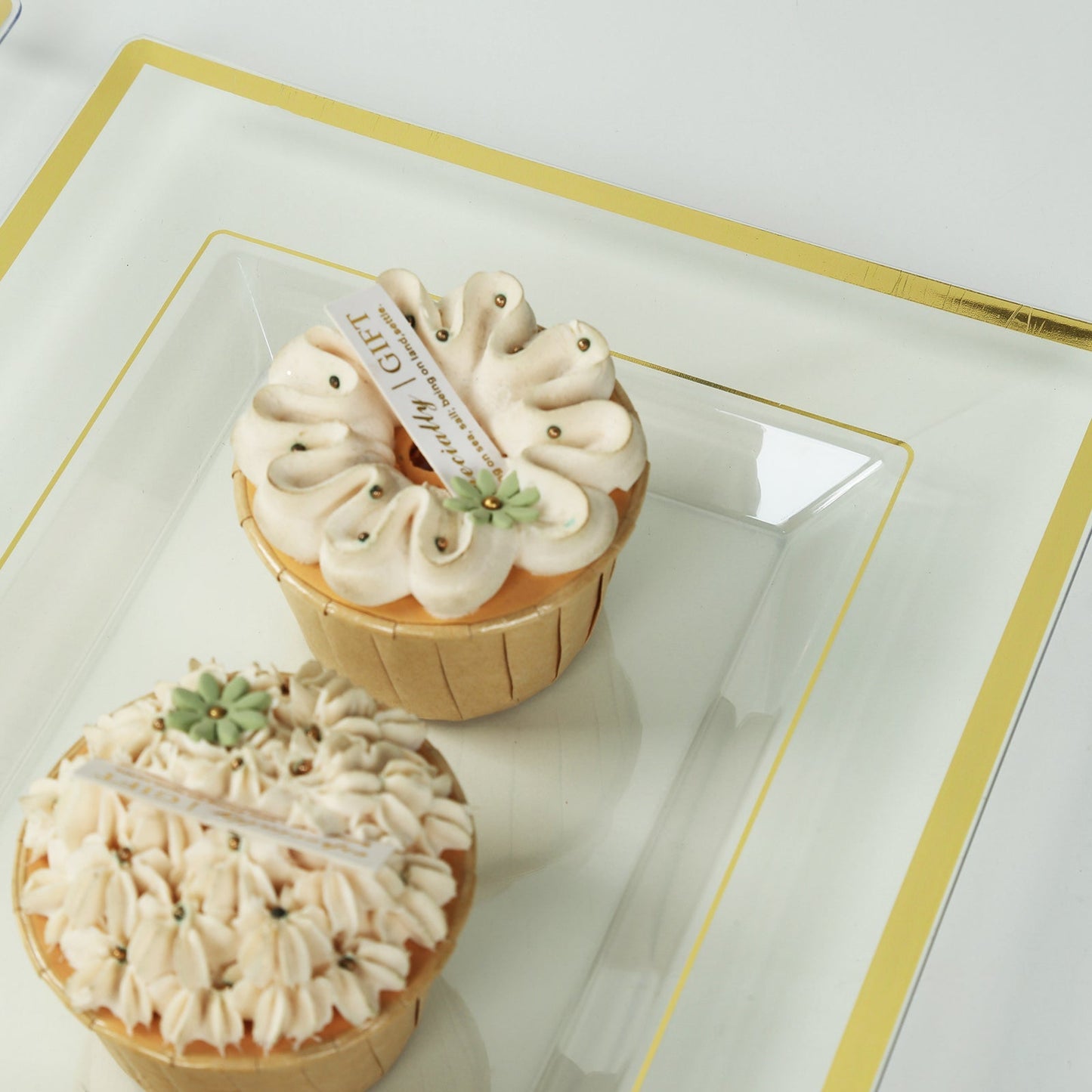 10-Pack Plastic 13"x8" Rectangle Serving Trays Clear with Gold Rim - Durable Reusable Sleek Design for Upscale Events & Parties