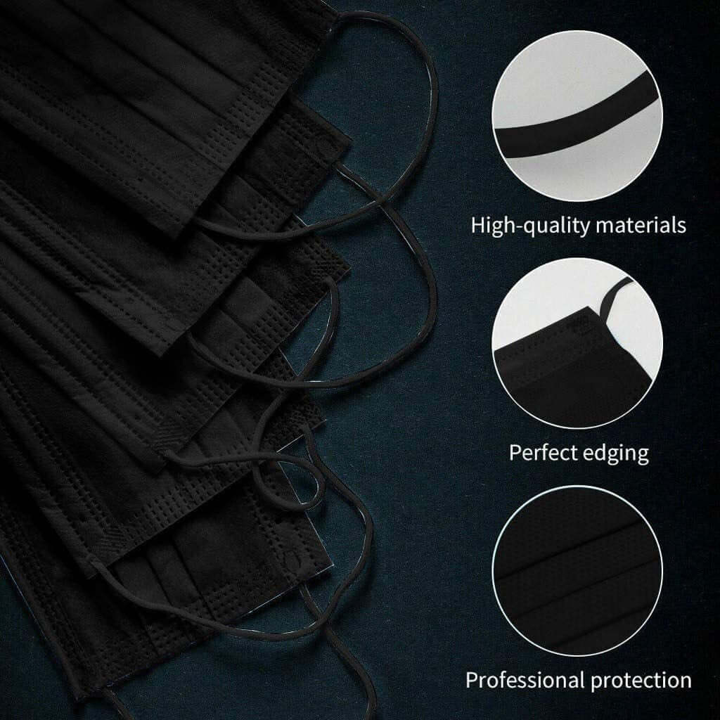50 Pack 3 Ply Black Disposable Face Mask Non Woven Mask with Ear Loop