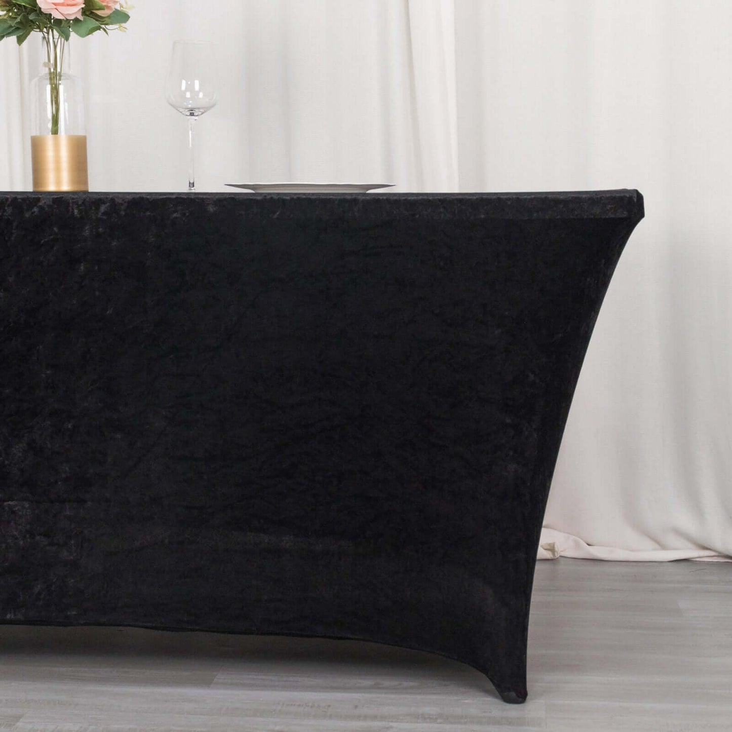 Crushed Velvet Fitted Rectangular 6ft Table Cover Black - Wrinkle-Free Stretchy Tablecloth
