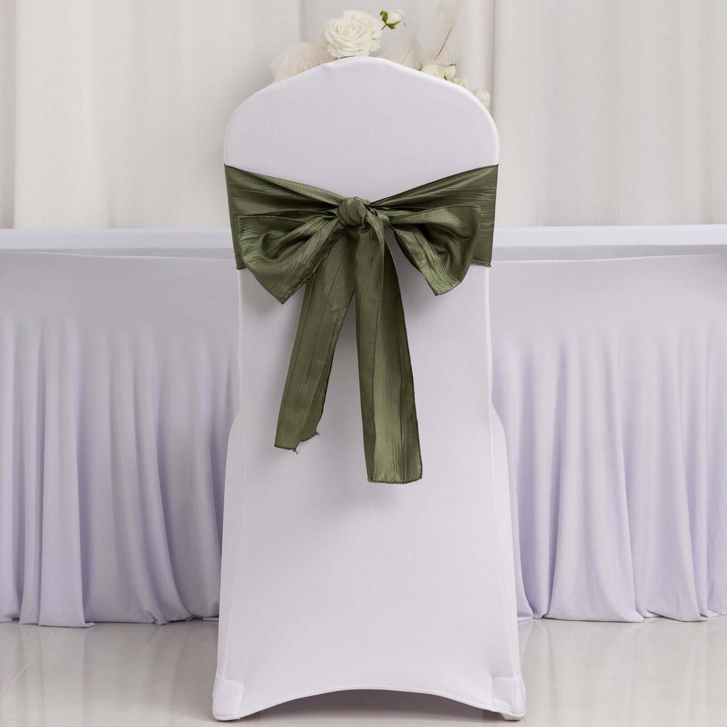 5 Pack Taffeta 6"x106" Chair Sashes Dusty Sage Green Accordion Crinkle Texture - Stylish Decor for Weddings & Gatherings