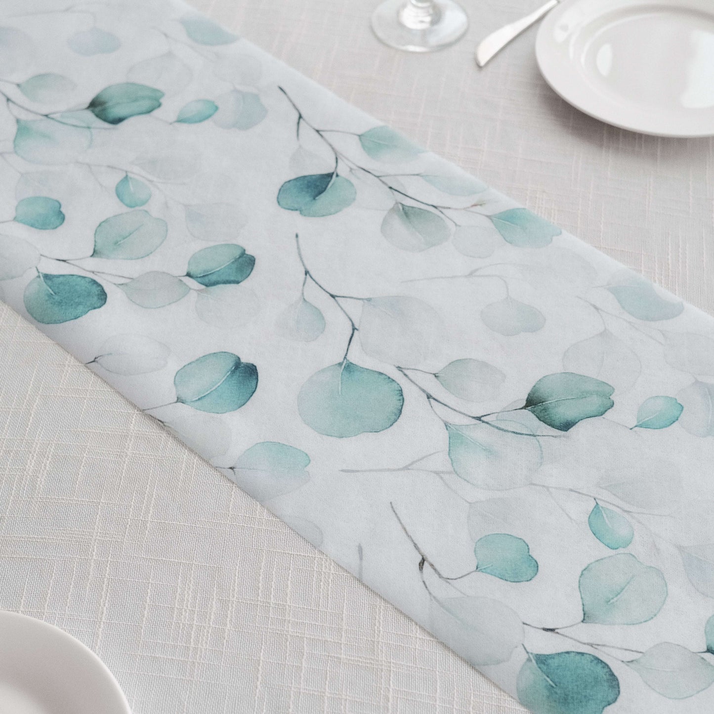 Disposable Table Runner 11"x108" White with Green Eucalyptus Leaves Print - Non-woven Stylish Spring Summer Dining Decor